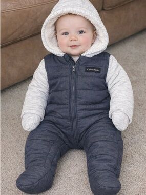 Calvin Klein Jeans Navy Puffer Snowsuit with Heather Gray Hood & Sleeves
